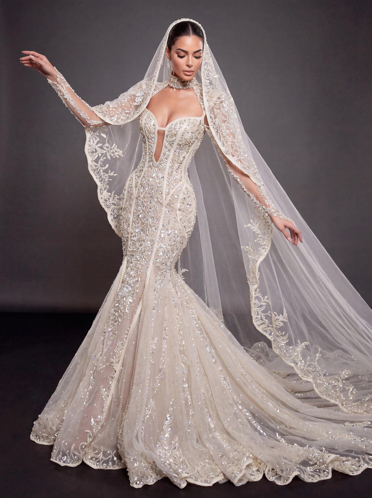 Ivory Crystal Embellished Mermaid Wedding Dress & Embroidered Cathedral Veil – Corset Bridal Gown with Plunging Neckline & Embroidered Cathedral Veil