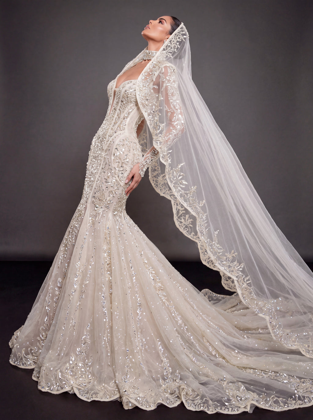 Ivory Crystal Embellished Mermaid Wedding Dress & Embroidered Cathedral Veil – Corset Bridal Gown with Plunging Neckline & Embroidered Cathedral Veil