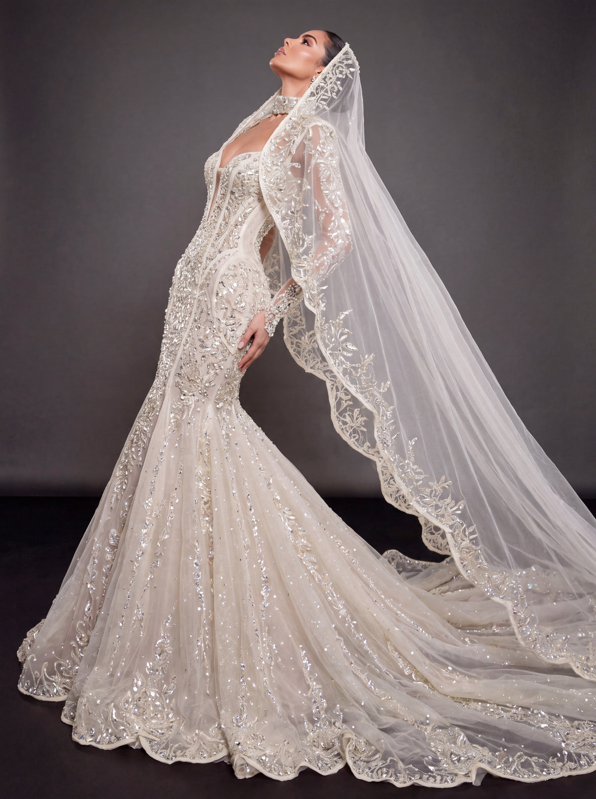 Ivory Crystal Embellished Mermaid Wedding Dress & Embroidered Cathedral Veil – Corset Bridal Gown with Plunging Neckline & Embroidered Cathedral Veil