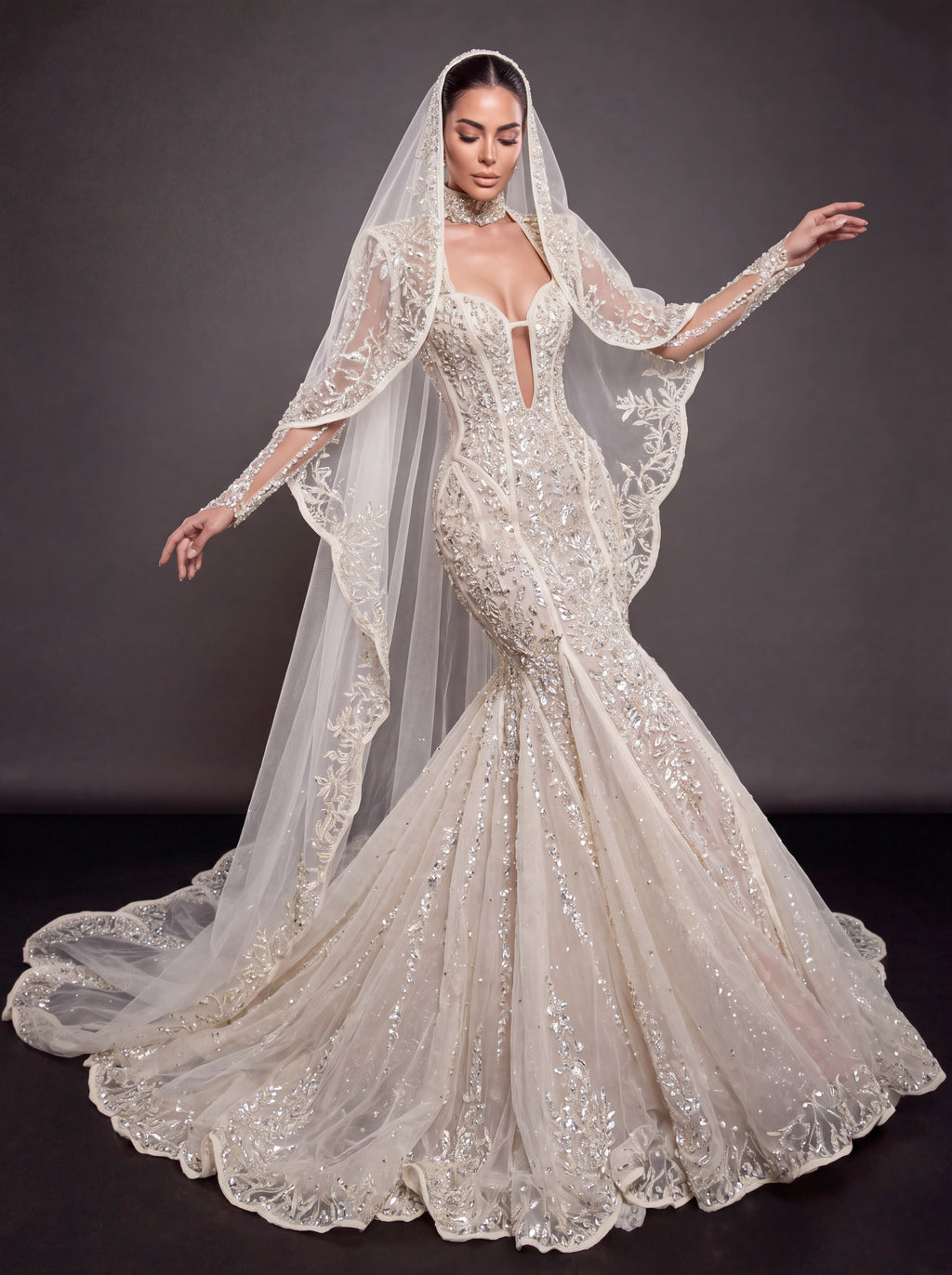 Ivory Crystal Embellished Mermaid Wedding Dress & Embroidered Cathedral Veil – Corset Bridal Gown with Plunging Neckline & Embroidered Cathedral Veil