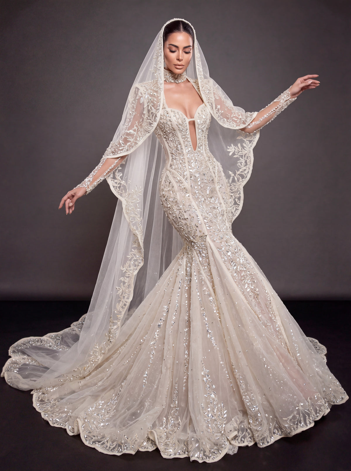 Ivory Crystal Embellished Mermaid Wedding Dress & Embroidered Cathedral Veil – Corset Bridal Gown with Plunging Neckline & Embroidered Cathedral Veil