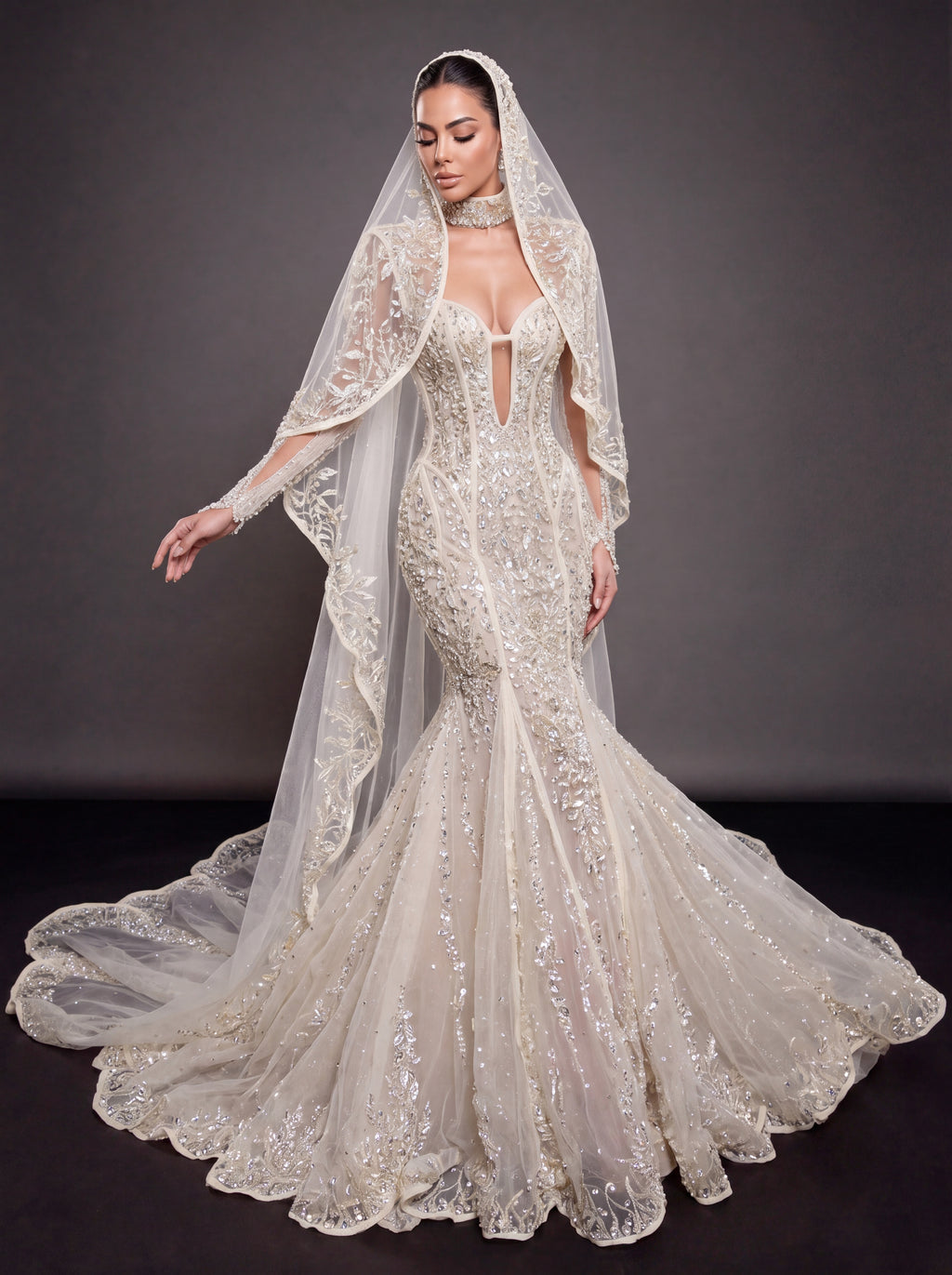 Ivory Crystal Embellished Mermaid Wedding Dress & Embroidered Cathedral Veil – Corset Bridal Gown with Plunging Neckline & Embroidered Cathedral Veil