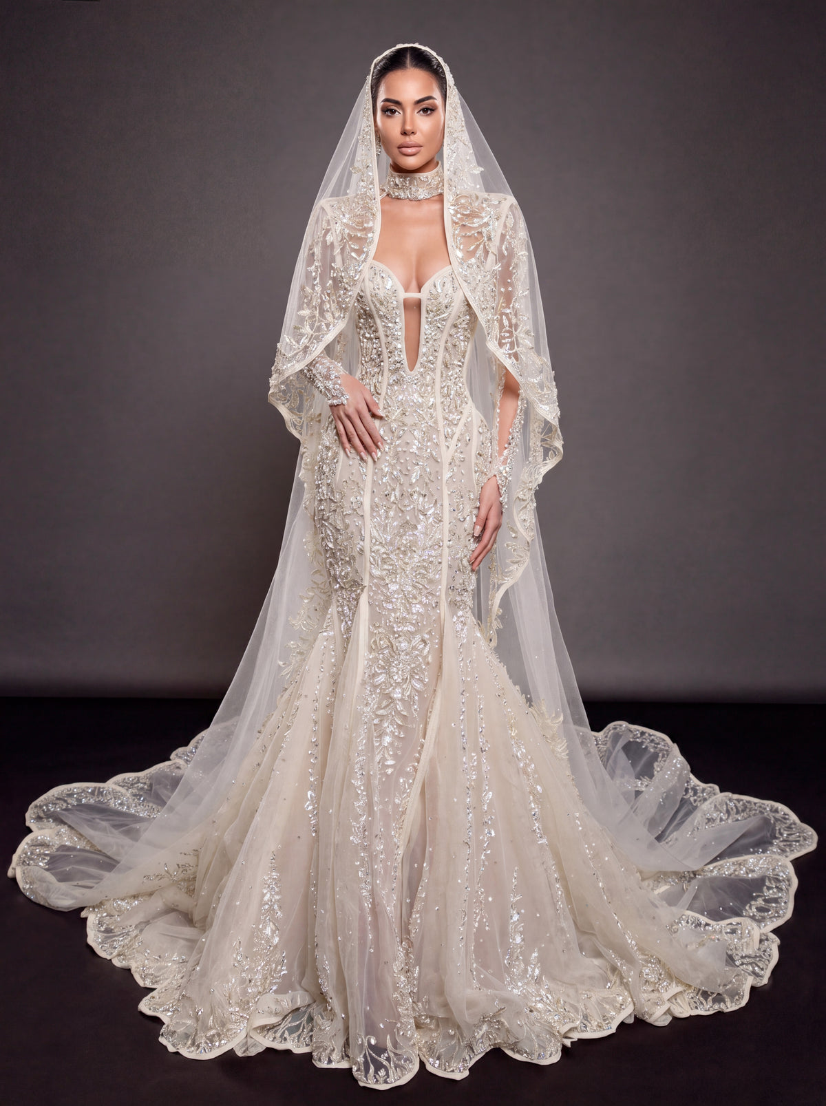 Ivory Crystal Embellished Mermaid Wedding Dress & Embroidered Cathedral Veil – Corset Bridal Gown with Plunging Neckline & Embroidered Cathedral Veil