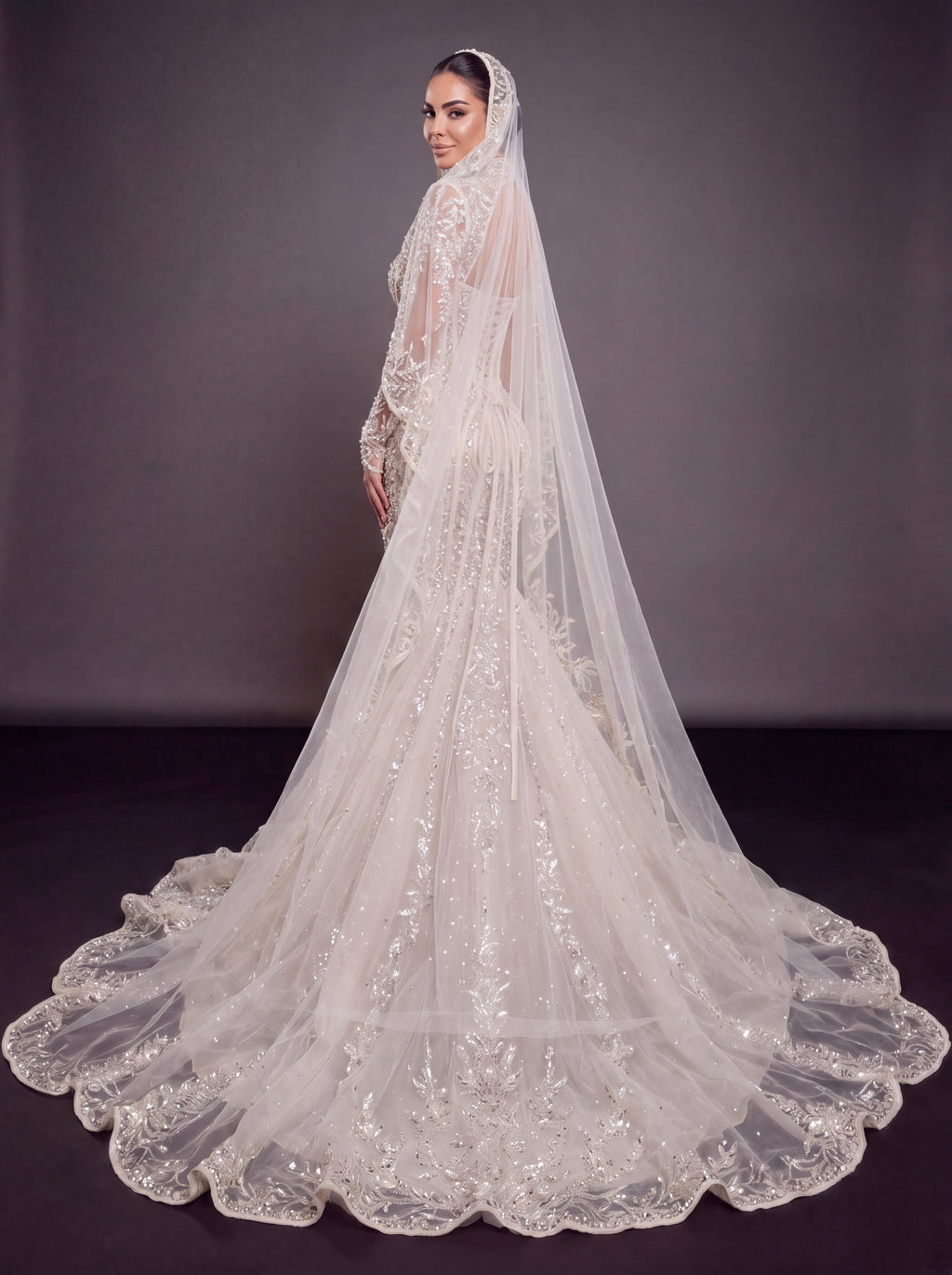 Ivory Crystal Embellished Mermaid Wedding Dress & Embroidered Cathedral Veil – Corset Bridal Gown with Plunging Neckline & Embroidered Cathedral Veil