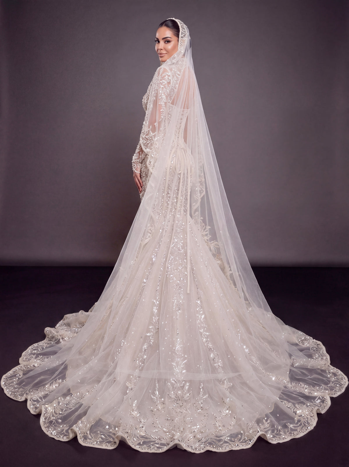 Ivory Crystal Embellished Mermaid Wedding Dress & Embroidered Cathedral Veil – Corset Bridal Gown with Plunging Neckline & Embroidered Cathedral Veil