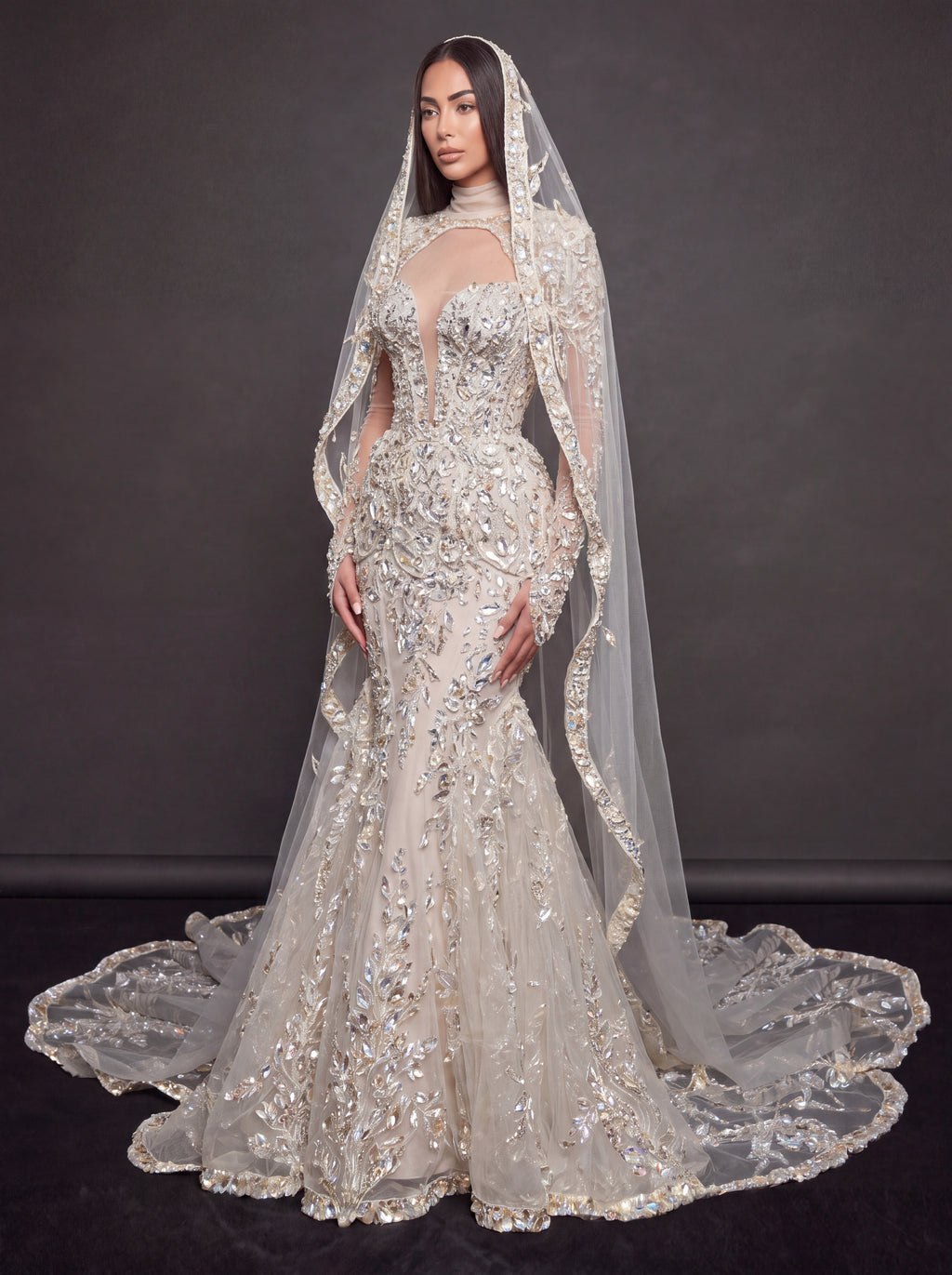 Ivory Crystal Embellished Mermaid Bridal Gown & Cathedral Veil – Plunging Corset Wedding Dress with Long Sleeves & Cathedral Veil
