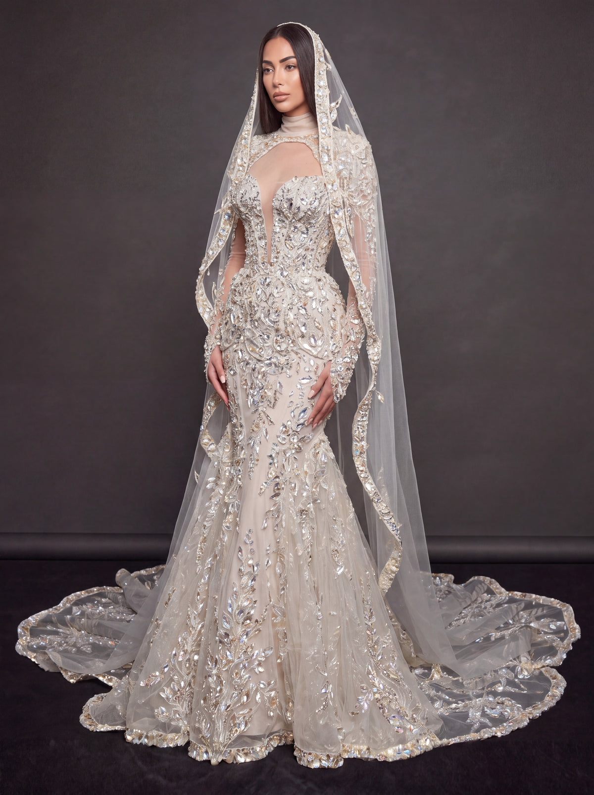 Ivory Crystal Embellished Mermaid Bridal Gown & Cathedral Veil – Plunging Corset Wedding Dress with Long Sleeves & Cathedral Veil