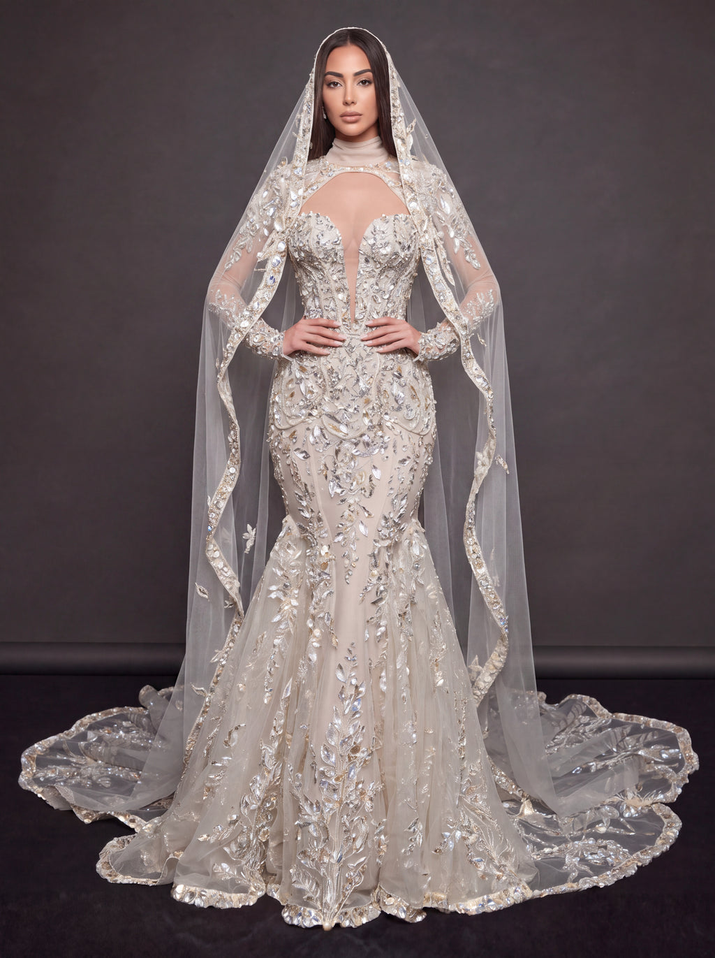 Ivory Crystal Embellished Mermaid Bridal Gown & Cathedral Veil – Plunging Corset Wedding Dress with Long Sleeves & Cathedral Veil