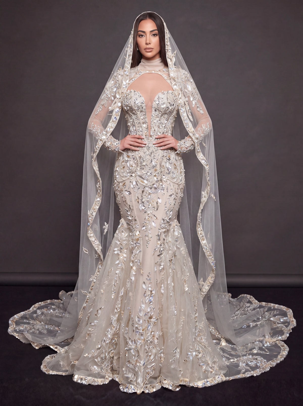 Ivory Crystal Embellished Mermaid Bridal Gown & Cathedral Veil – Plunging Corset Wedding Dress with Long Sleeves & Cathedral Veil