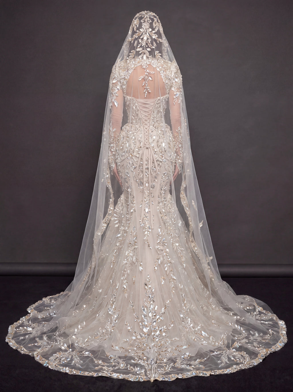 Ivory Crystal Embellished Mermaid Bridal Gown & Cathedral Veil – Plunging Corset Wedding Dress with Long Sleeves & Cathedral Veil