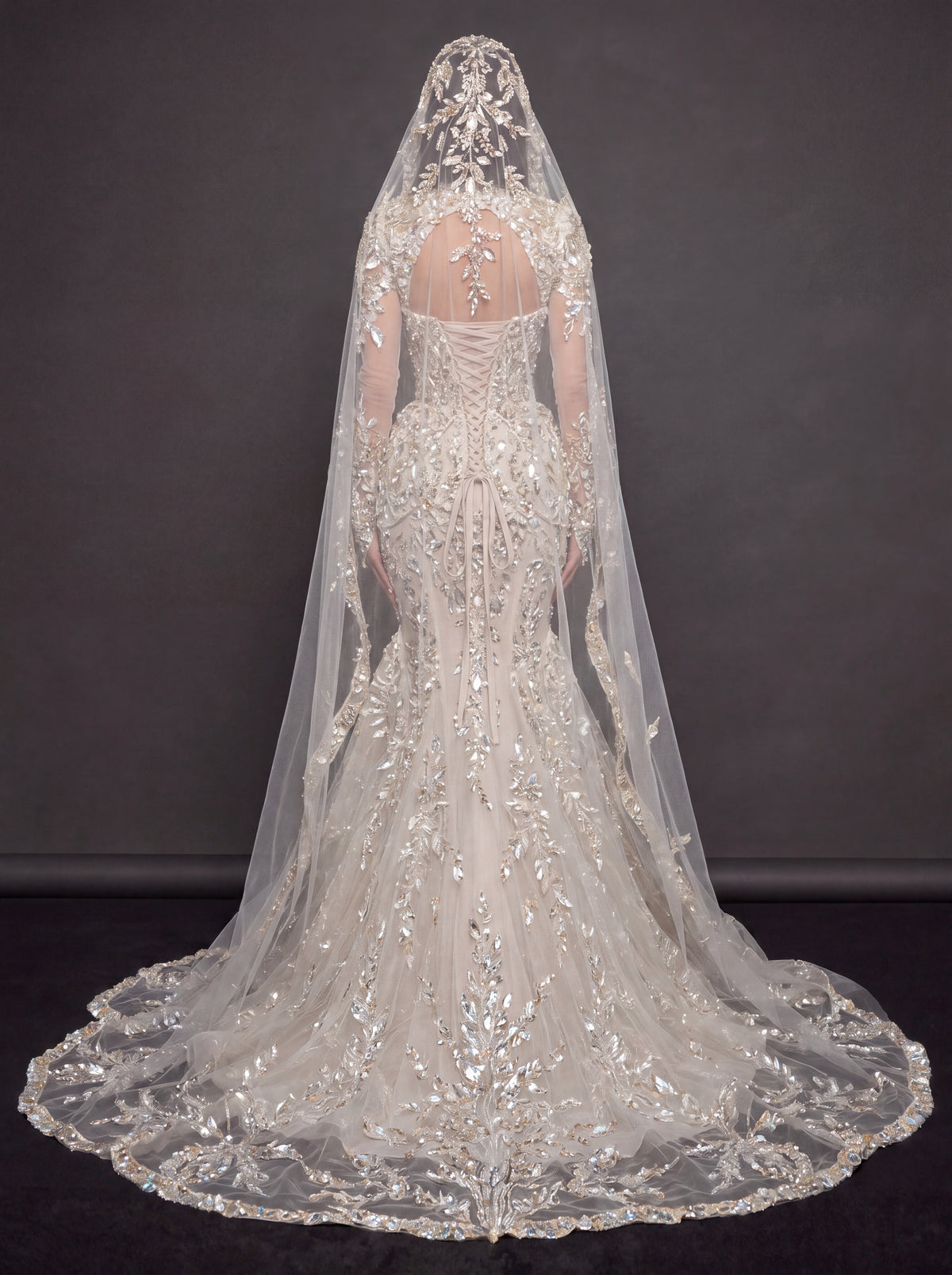 Ivory Crystal Embellished Mermaid Bridal Gown & Cathedral Veil – Plunging Corset Wedding Dress with Long Sleeves & Cathedral Veil