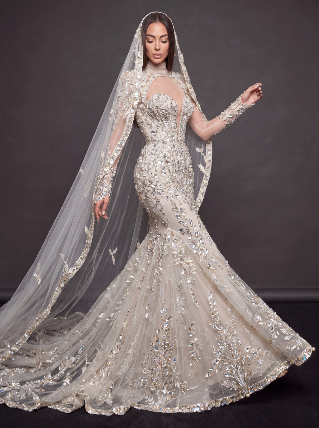 Ivory Crystal Embellished Mermaid Bridal Gown & Cathedral Veil – Plunging Corset Wedding Dress with Long Sleeves & Cathedral Veil