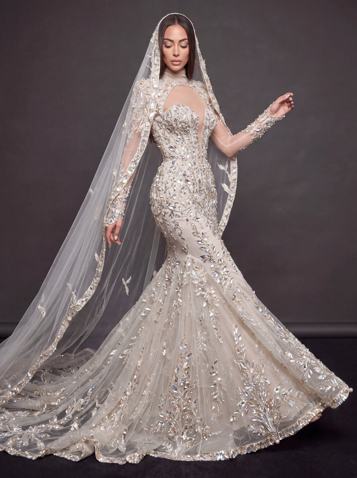 Ivory Crystal Embellished Mermaid Bridal Gown & Cathedral Veil – Plunging Corset Wedding Dress with Long Sleeves & Cathedral Veil