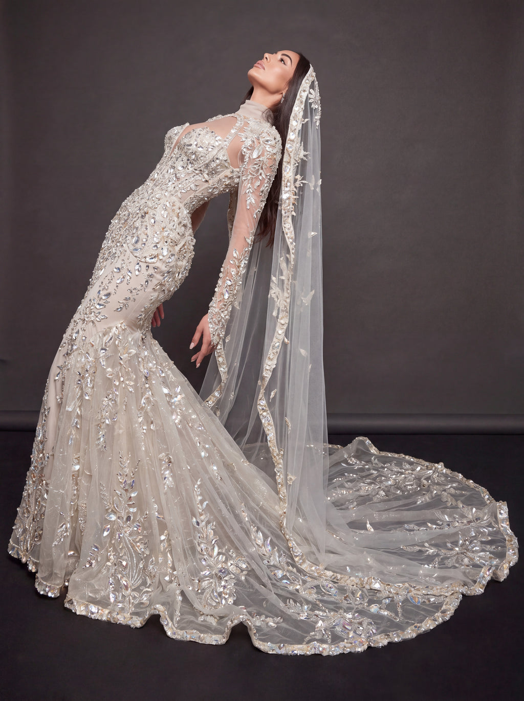 Ivory Crystal Embellished Mermaid Bridal Gown & Cathedral Veil – Plunging Corset Wedding Dress with Long Sleeves & Cathedral Veil