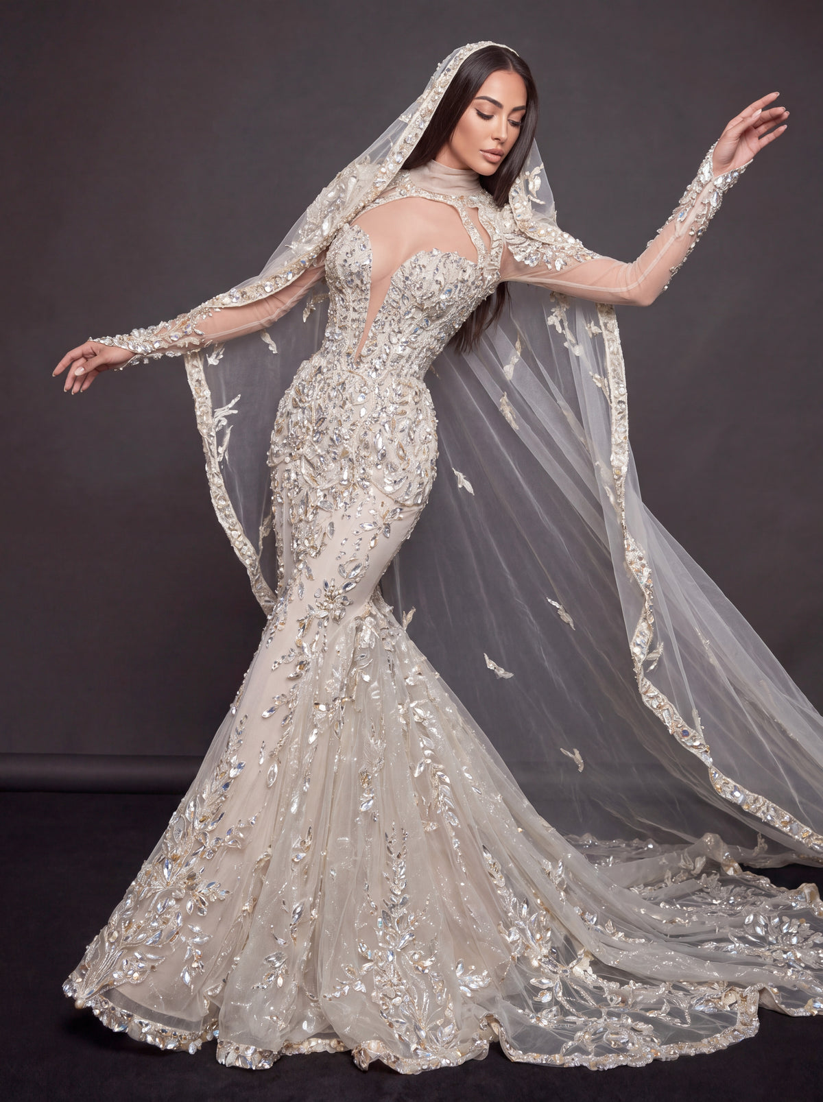 Ivory Crystal Embellished Mermaid Bridal Gown & Cathedral Veil – Plunging Corset Wedding Dress with Long Sleeves & Cathedral Veil