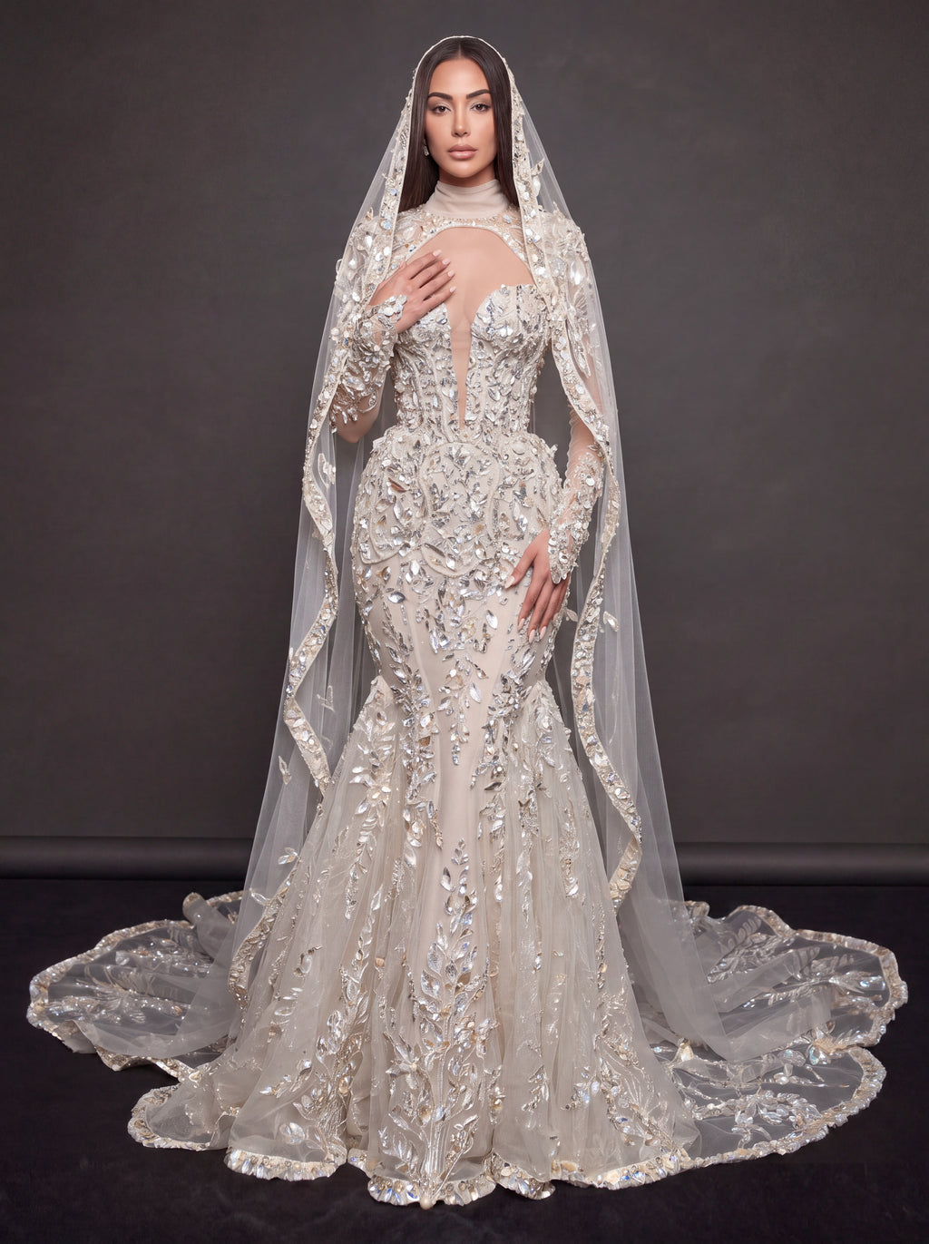 Ivory Crystal Embellished Mermaid Bridal Gown & Cathedral Veil – Plunging Corset Wedding Dress with Long Sleeves & Cathedral Veil