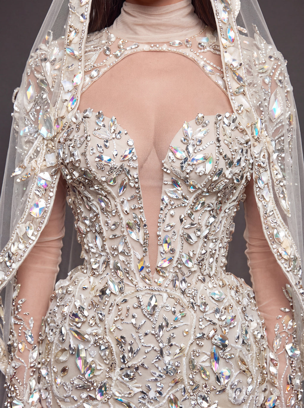 Ivory Crystal Embellished Mermaid Bridal Gown & Cathedral Veil – Plunging Corset Wedding Dress with Long Sleeves & Cathedral Veil