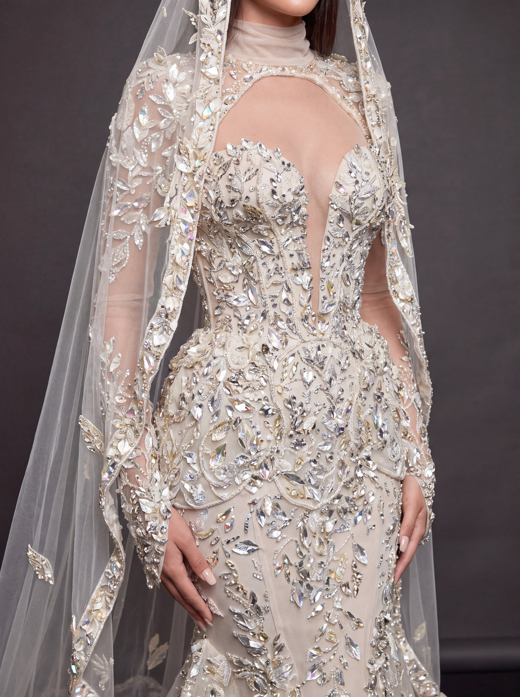Ivory Crystal Embellished Mermaid Bridal Gown & Cathedral Veil – Plunging Corset Wedding Dress with Long Sleeves & Cathedral Veil