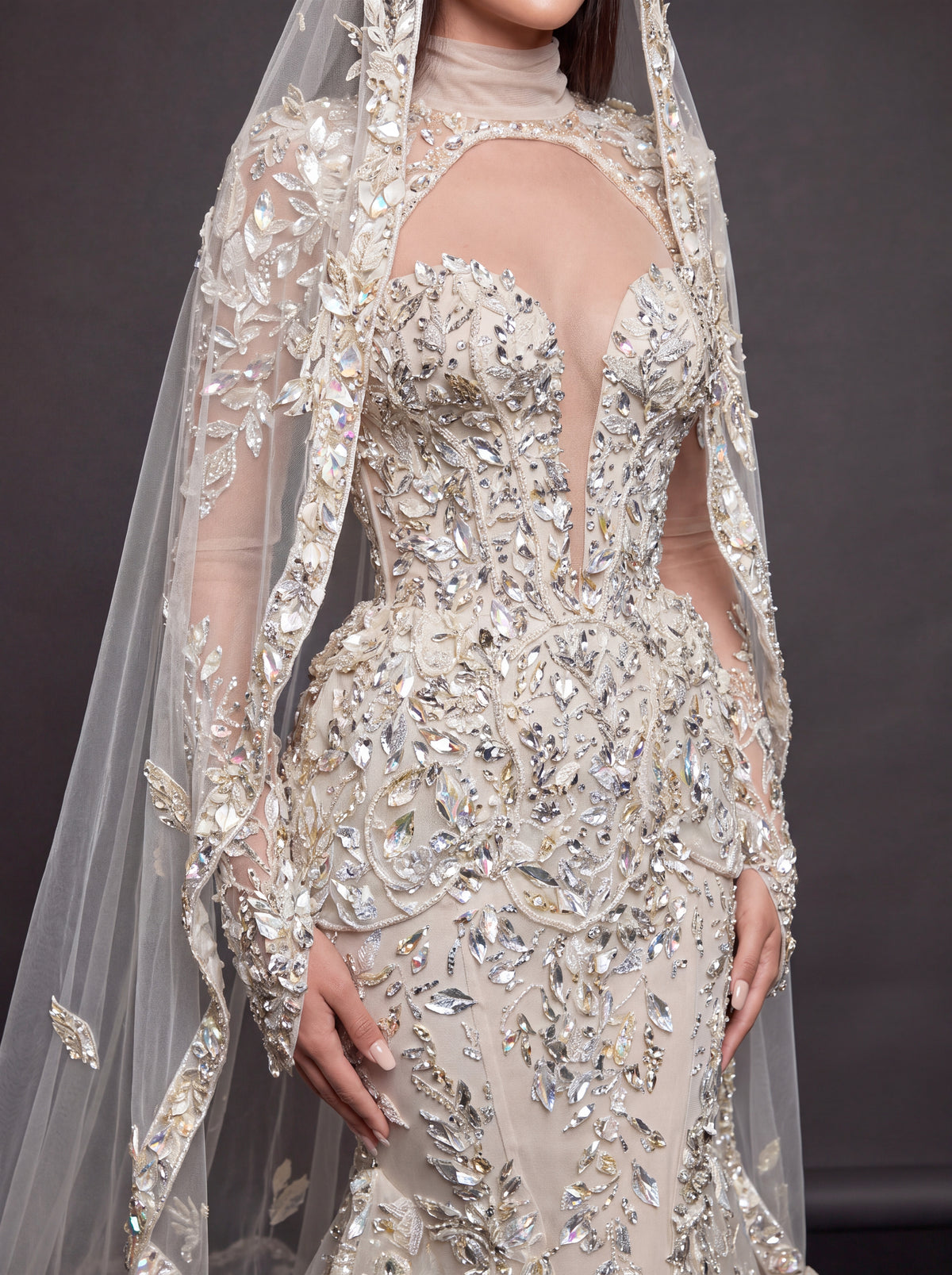 Ivory Crystal Embellished Mermaid Bridal Gown & Cathedral Veil – Plunging Corset Wedding Dress with Long Sleeves & Cathedral Veil