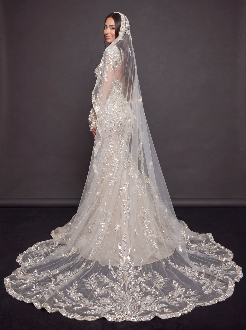 Ivory Crystal Embellished Mermaid Bridal Gown & Cathedral Veil – Plunging Corset Wedding Dress with Long Sleeves & Cathedral Veil