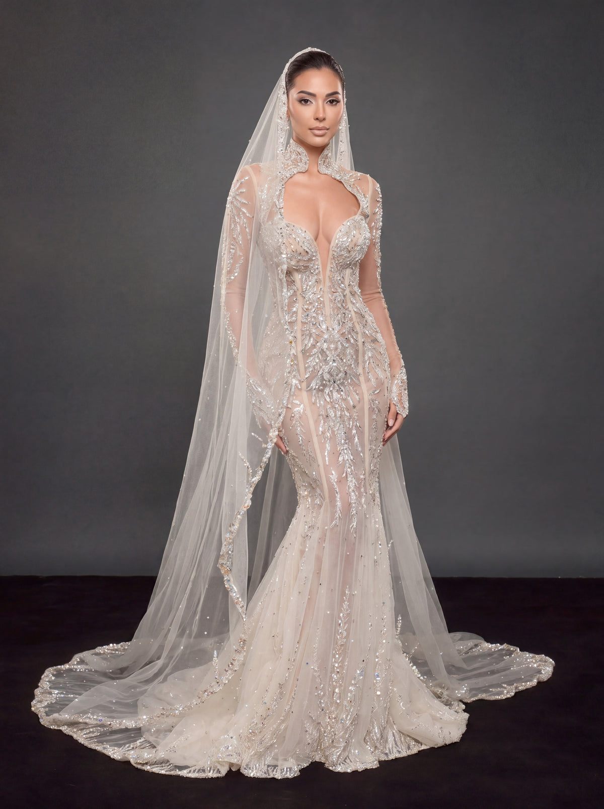 Ivory Crystal Embellished Mermaid Wedding Dress & Cathedral Veil – Sheer Long Sleeve Corset Bridal Gown with Cathedral Veil