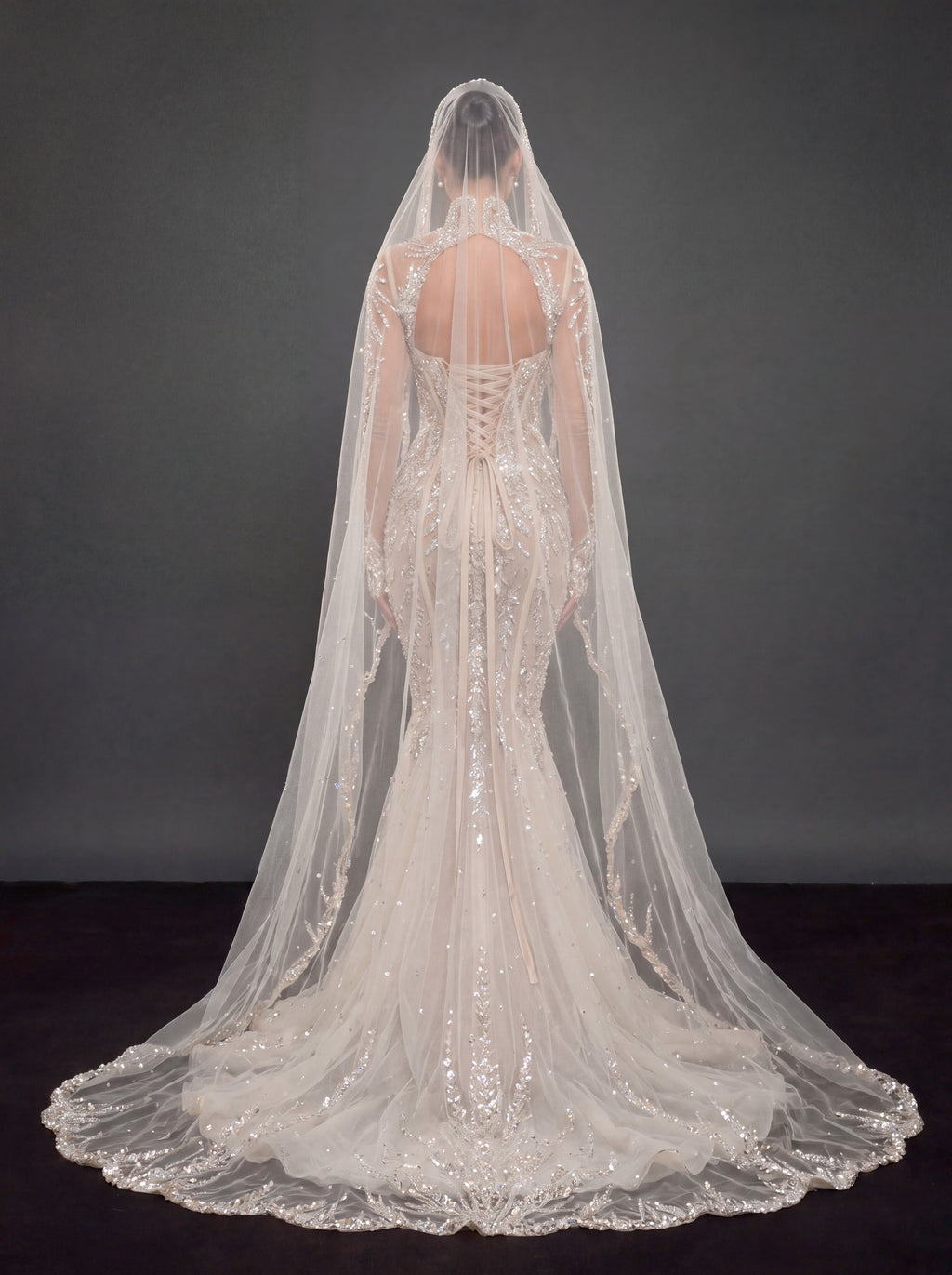 Ivory Crystal Embellished Mermaid Wedding Dress & Cathedral Veil – Sheer Long Sleeve Corset Bridal Gown with Cathedral Veil
