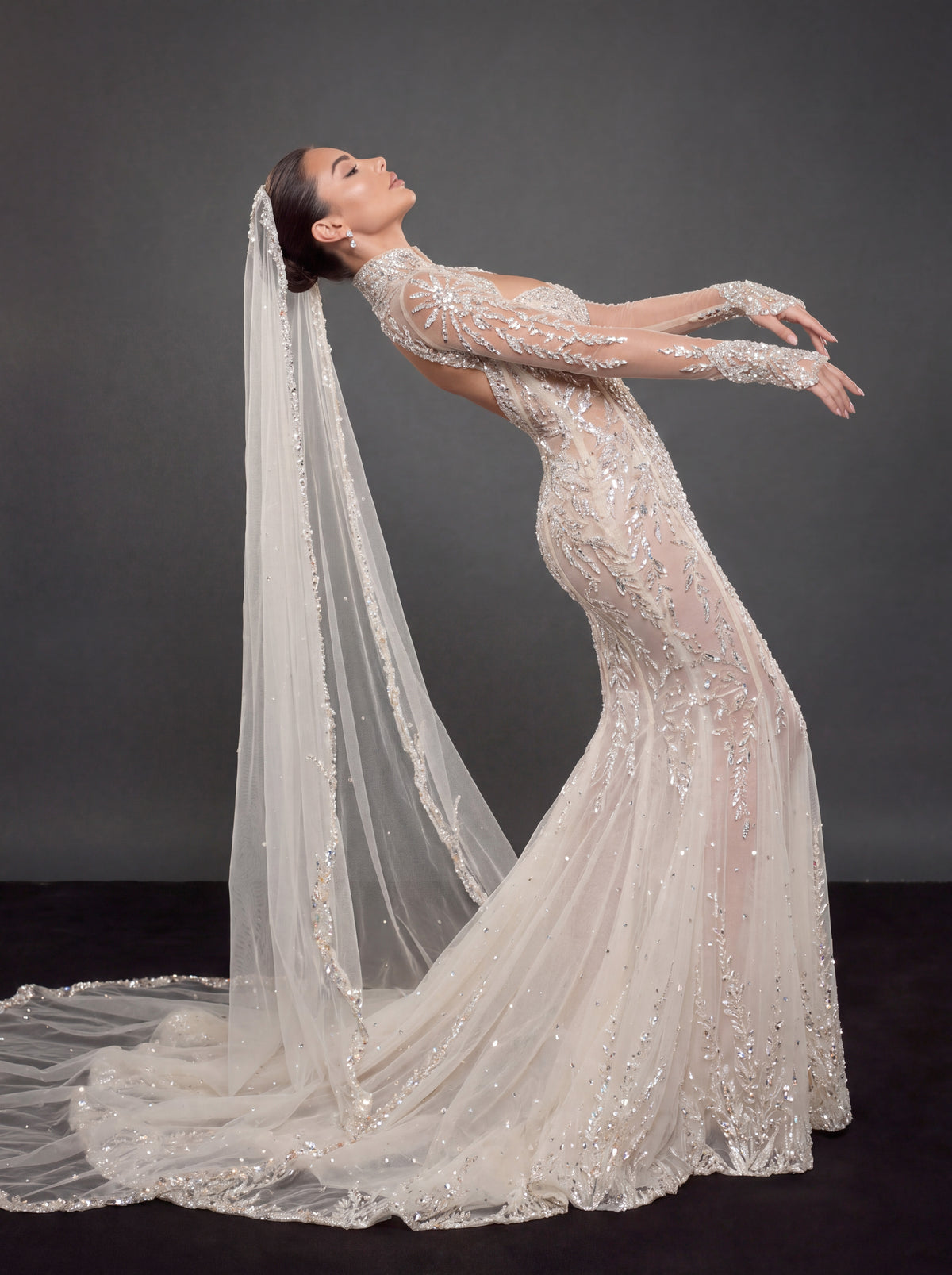 Ivory Crystal Embellished Mermaid Wedding Dress & Cathedral Veil – Sheer Long Sleeve Corset Bridal Gown with Cathedral Veil
