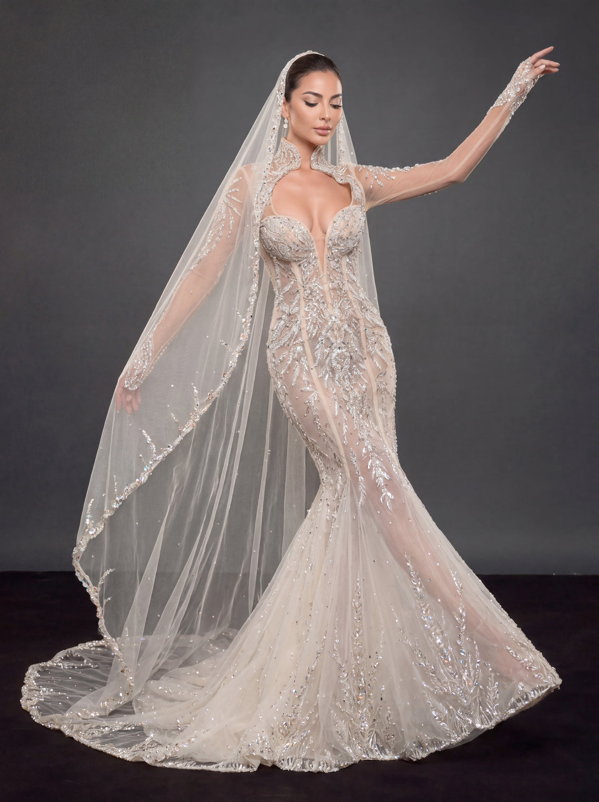 Ivory Crystal Embellished Mermaid Wedding Dress & Cathedral Veil – Sheer Long Sleeve Corset Bridal Gown with Cathedral Veil
