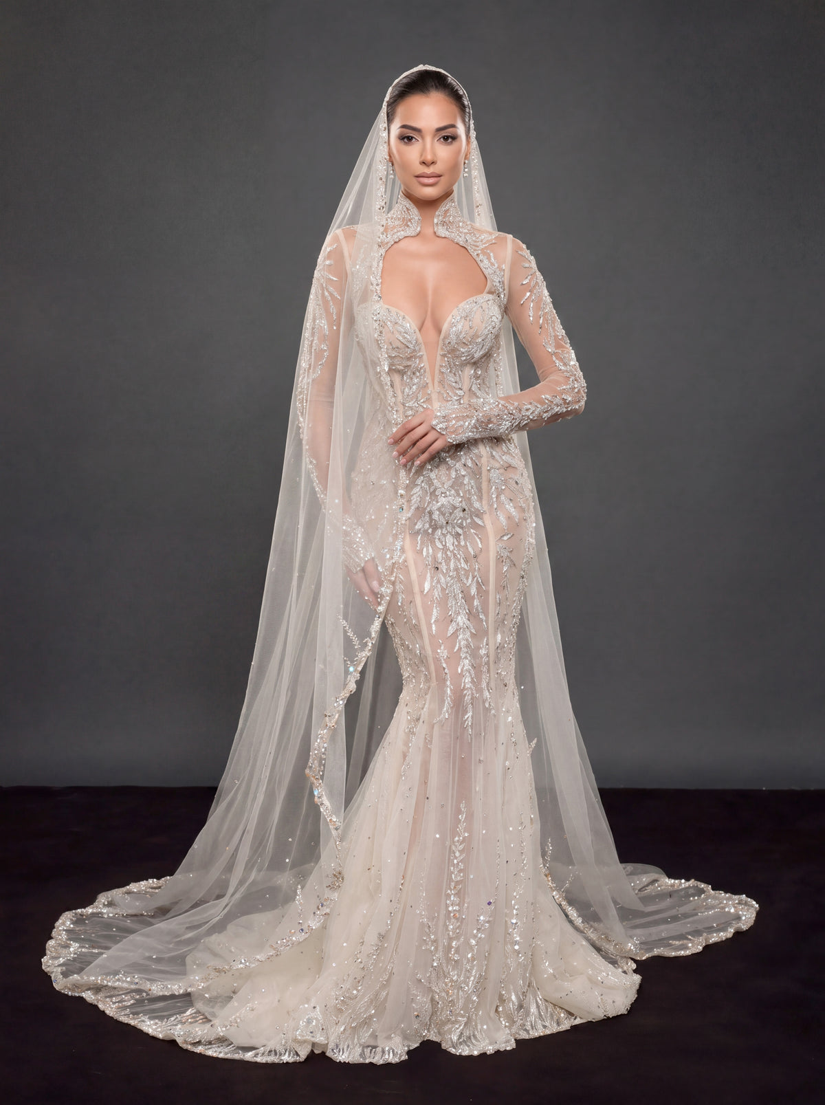 Ivory Crystal Embellished Mermaid Wedding Dress & Cathedral Veil – Sheer Long Sleeve Corset Bridal Gown with Cathedral Veil