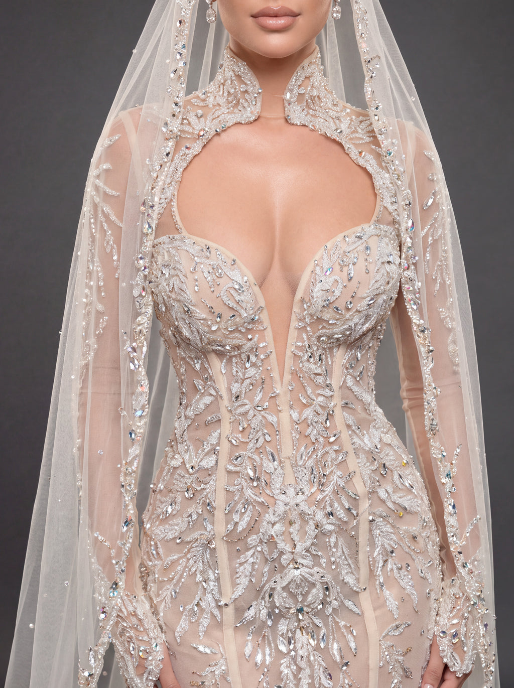 Ivory Crystal Embellished Mermaid Wedding Dress & Cathedral Veil – Sheer Long Sleeve Corset Bridal Gown with Cathedral Veil