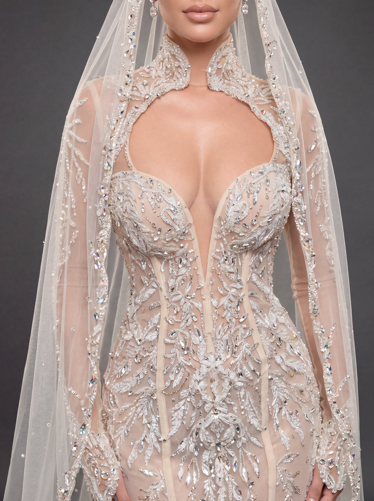 Ivory Crystal Embellished Mermaid Wedding Dress & Cathedral Veil – Sheer Long Sleeve Corset Bridal Gown with Cathedral Veil