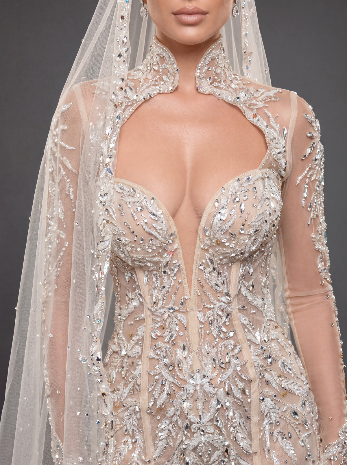 Ivory Crystal Embellished Mermaid Wedding Dress & Cathedral Veil – Sheer Long Sleeve Corset Bridal Gown with Cathedral Veil
