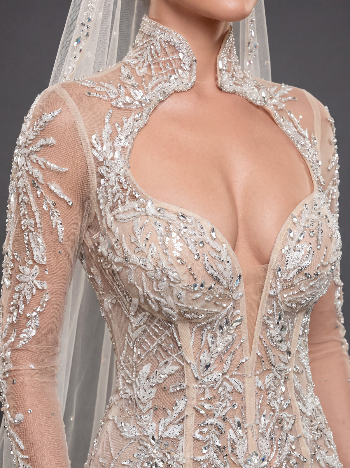 Ivory Crystal Embellished Mermaid Wedding Dress & Cathedral Veil – Sheer Long Sleeve Corset Bridal Gown with Cathedral Veil
