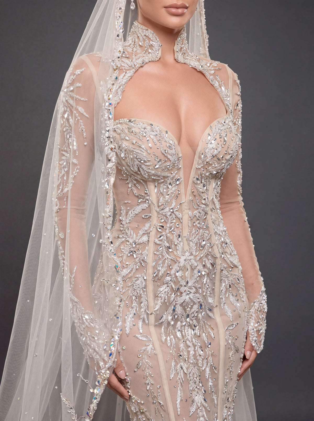 Ivory Crystal Embellished Mermaid Wedding Dress & Cathedral Veil – Sheer Long Sleeve Corset Bridal Gown with Cathedral Veil