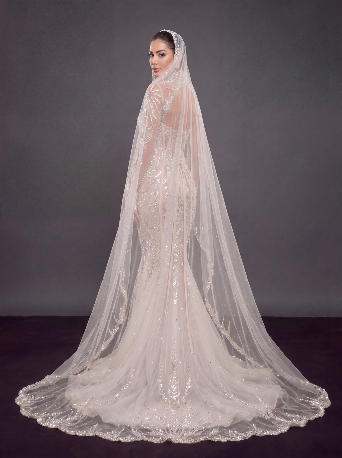 Ivory Crystal Embellished Mermaid Wedding Dress & Cathedral Veil – Sheer Long Sleeve Corset Bridal Gown with Cathedral Veil