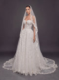 Ivory Crystal Beaded A-Line Wedding Dress & Cathedral Lace Veil – Strapless Corset Bridal Gown with Cathedral Lace Veil