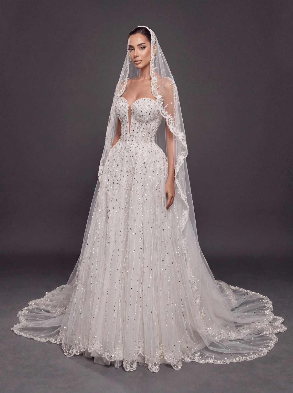 Ivory Crystal Beaded A-Line Wedding Dress & Cathedral Lace Veil – Strapless Corset Bridal Gown with Cathedral Lace Veil