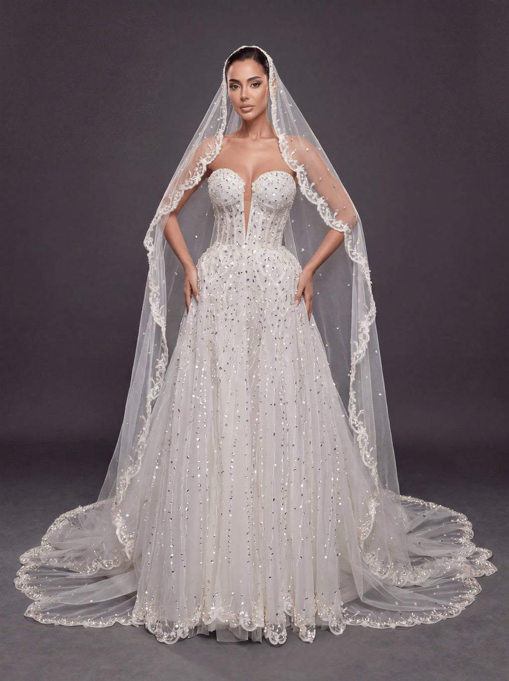 Ivory Crystal Beaded A-Line Wedding Dress & Cathedral Lace Veil – Strapless Corset Bridal Gown with Cathedral Lace Veil
