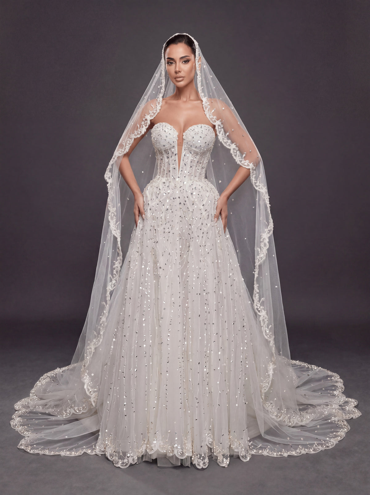 Ivory Crystal Beaded A-Line Wedding Dress & Cathedral Lace Veil – Strapless Corset Bridal Gown with Cathedral Lace Veil