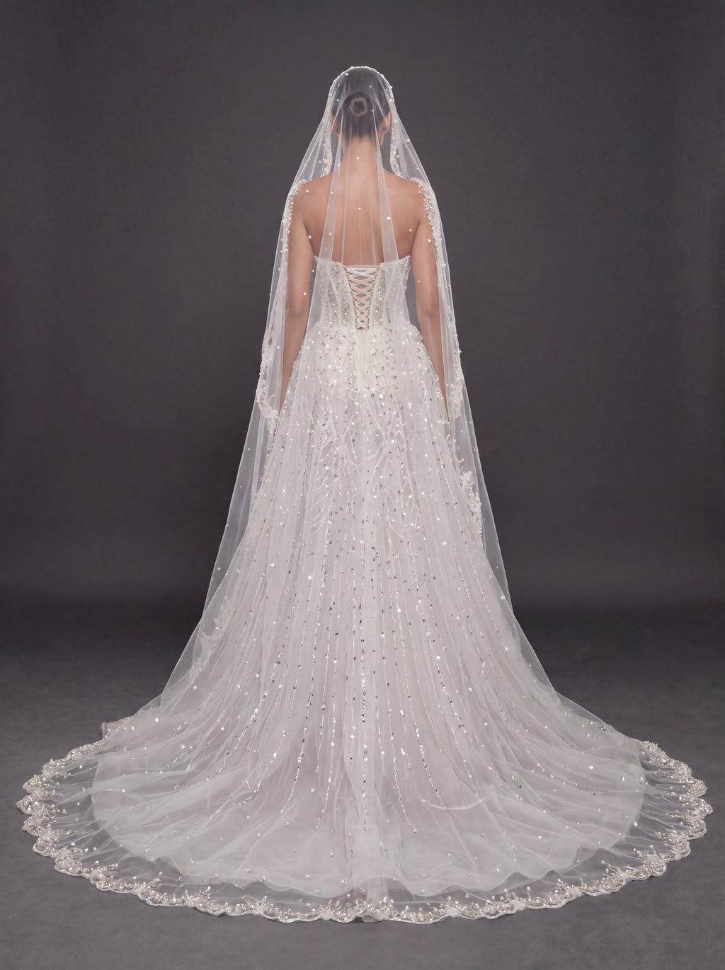 Ivory Crystal Beaded A-Line Wedding Dress & Cathedral Lace Veil – Strapless Corset Bridal Gown with Cathedral Lace Veil