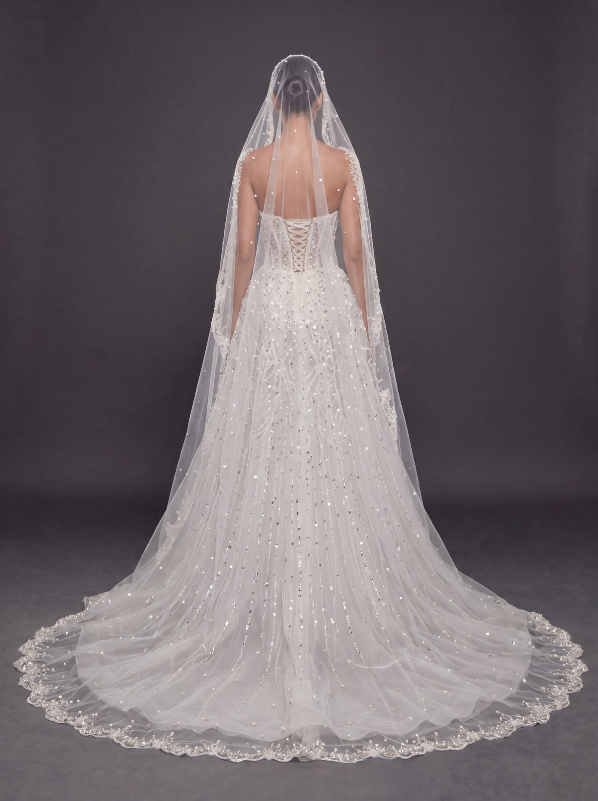 Ivory Crystal Beaded A-Line Wedding Dress & Cathedral Lace Veil – Strapless Corset Bridal Gown with Cathedral Lace Veil