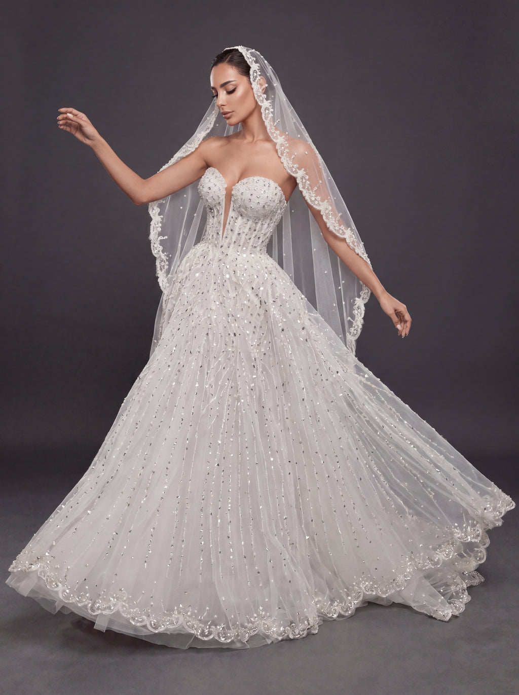 Ivory Crystal Beaded A-Line Wedding Dress & Cathedral Lace Veil – Strapless Corset Bridal Gown with Cathedral Lace Veil