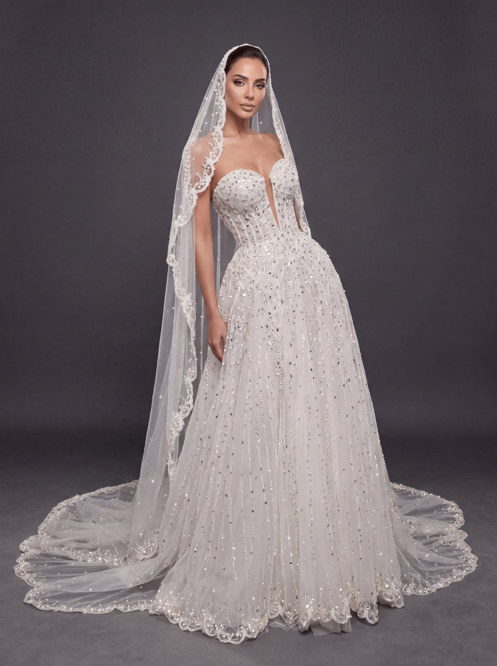 Ivory Crystal Beaded A-Line Wedding Dress & Cathedral Lace Veil – Strapless Corset Bridal Gown with Cathedral Lace Veil