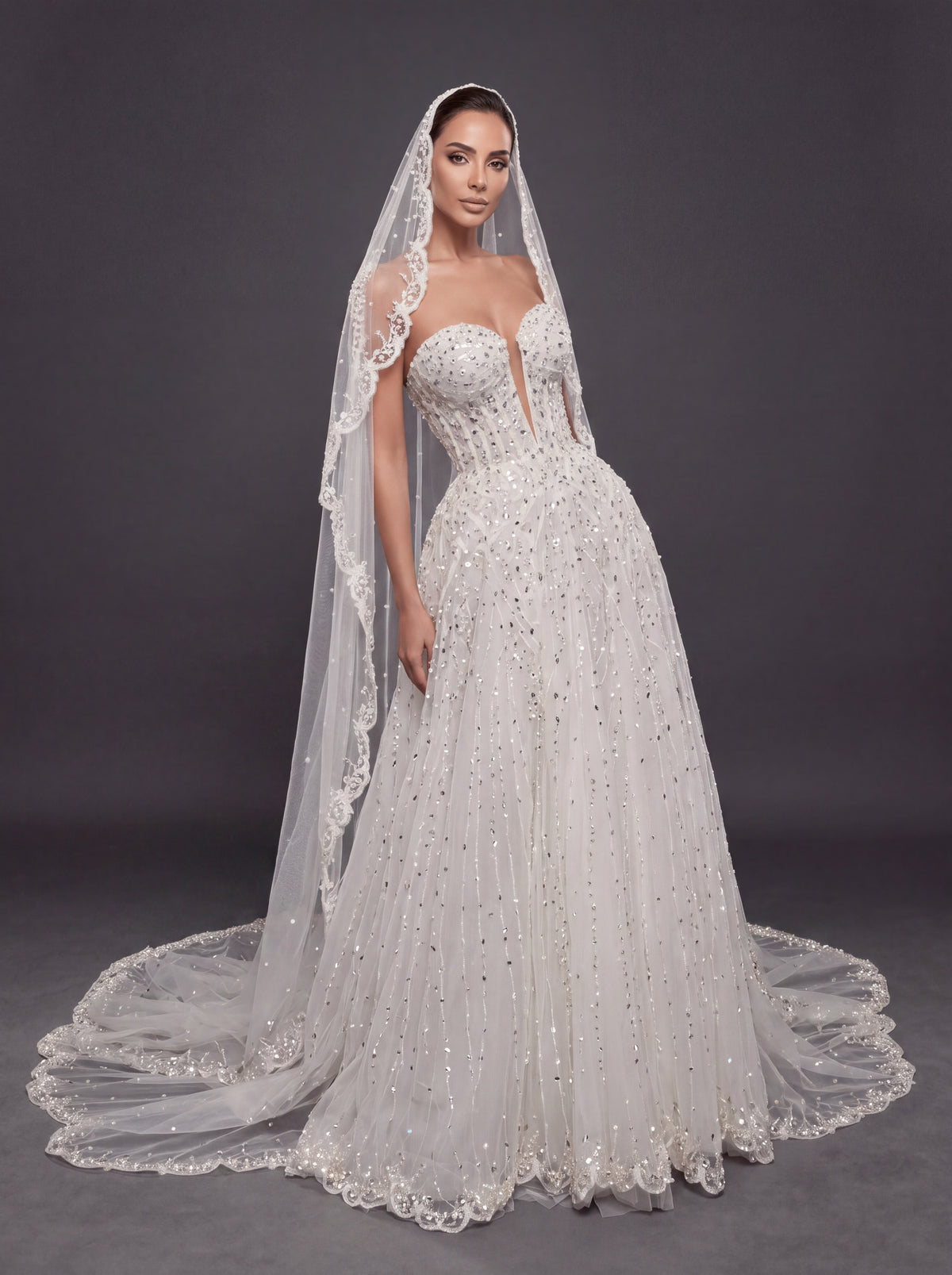Ivory Crystal Beaded A-Line Wedding Dress & Cathedral Lace Veil – Strapless Corset Bridal Gown with Cathedral Lace Veil
