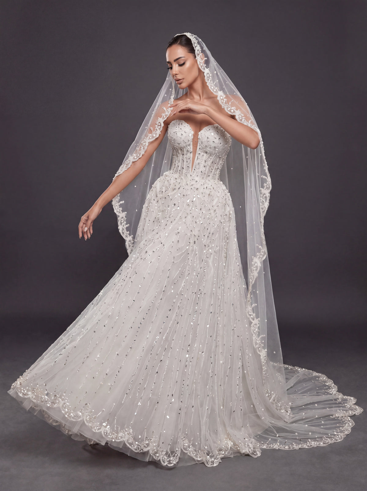 Ivory Crystal Beaded A-Line Wedding Dress & Cathedral Lace Veil – Strapless Corset Bridal Gown with Cathedral Lace Veil