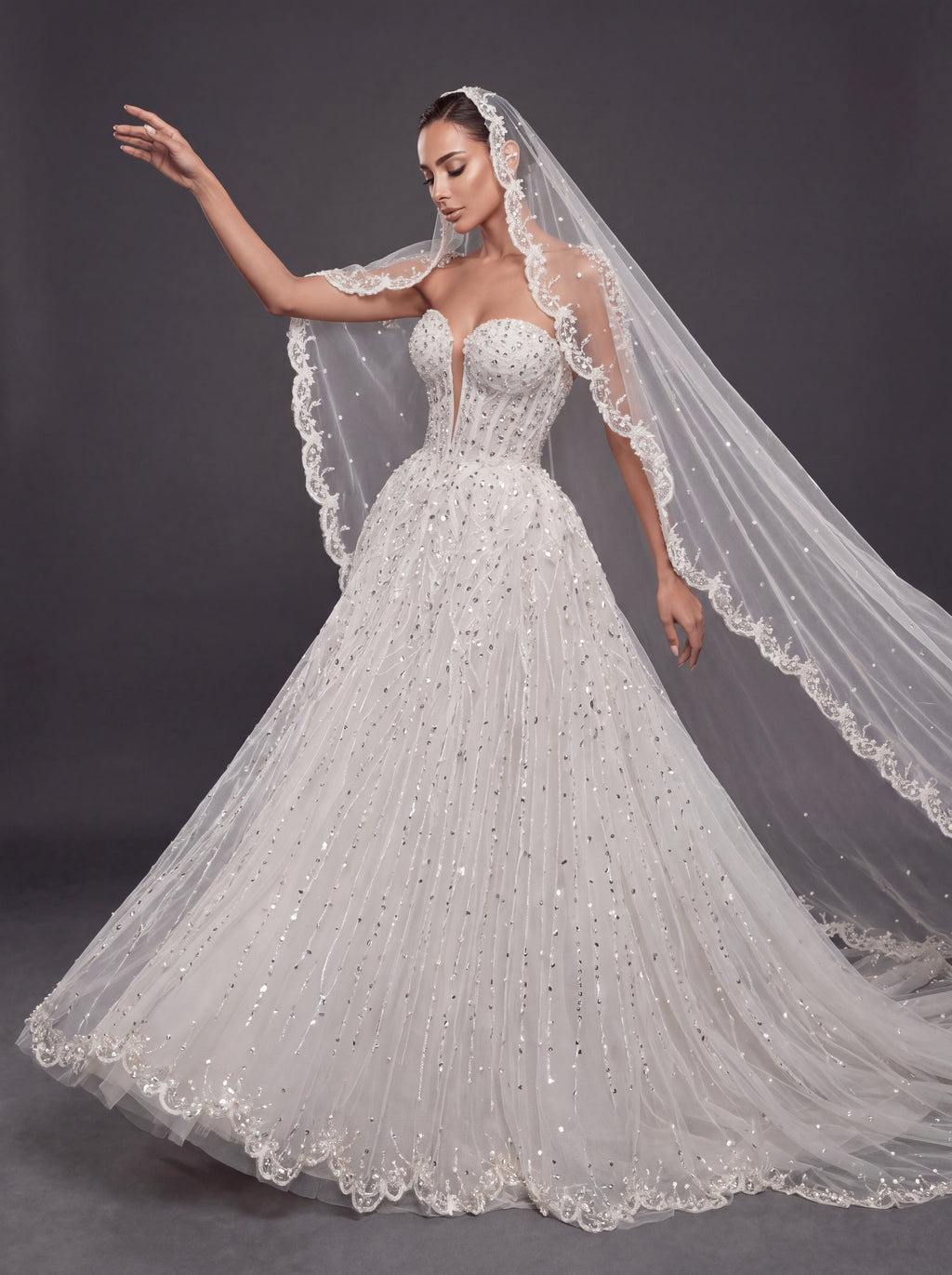 Ivory Crystal Beaded A-Line Wedding Dress & Cathedral Lace Veil – Strapless Corset Bridal Gown with Cathedral Lace Veil
