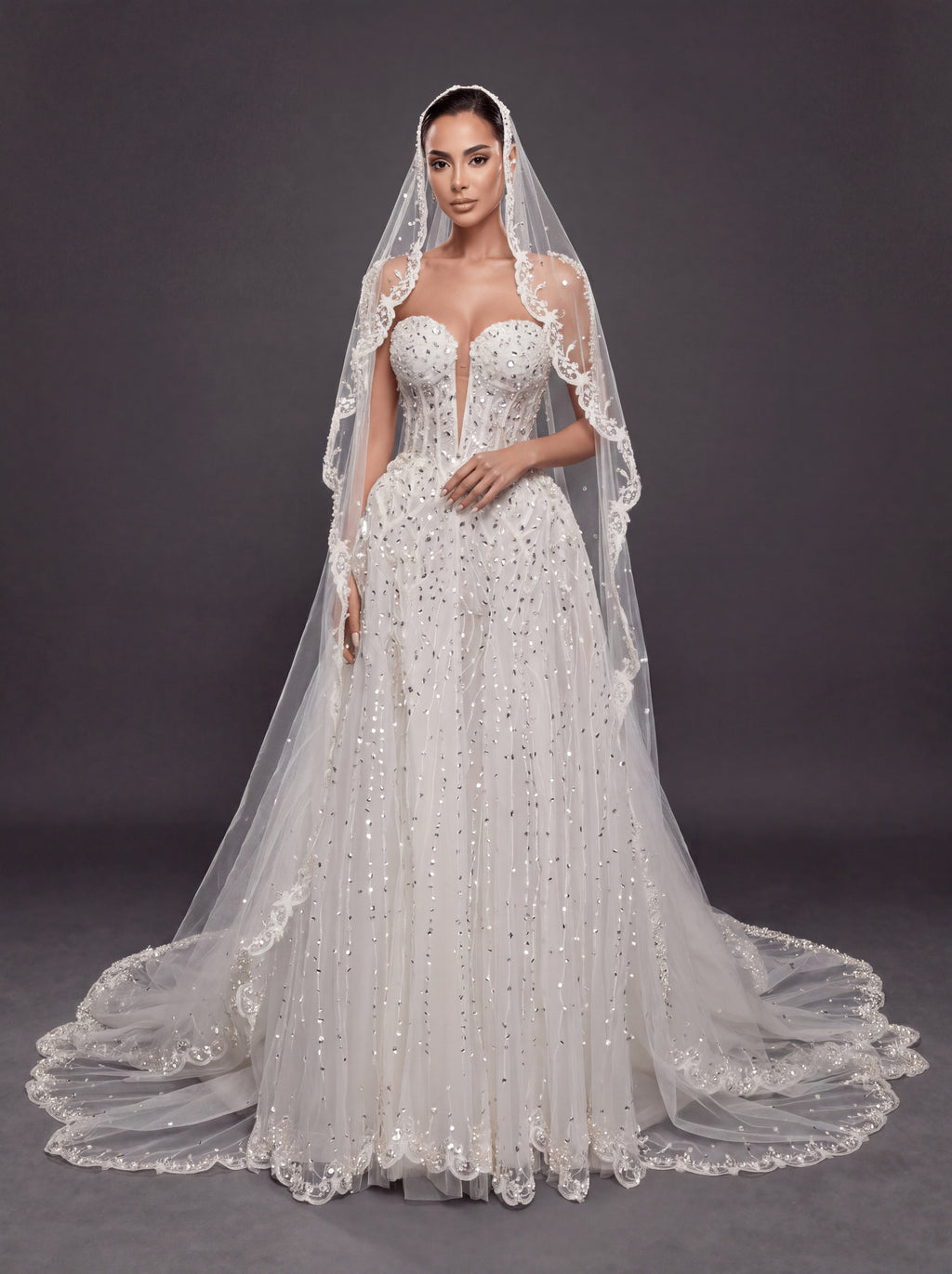 Ivory Crystal Beaded A-Line Wedding Dress & Cathedral Lace Veil – Strapless Corset Bridal Gown with Cathedral Lace Veil