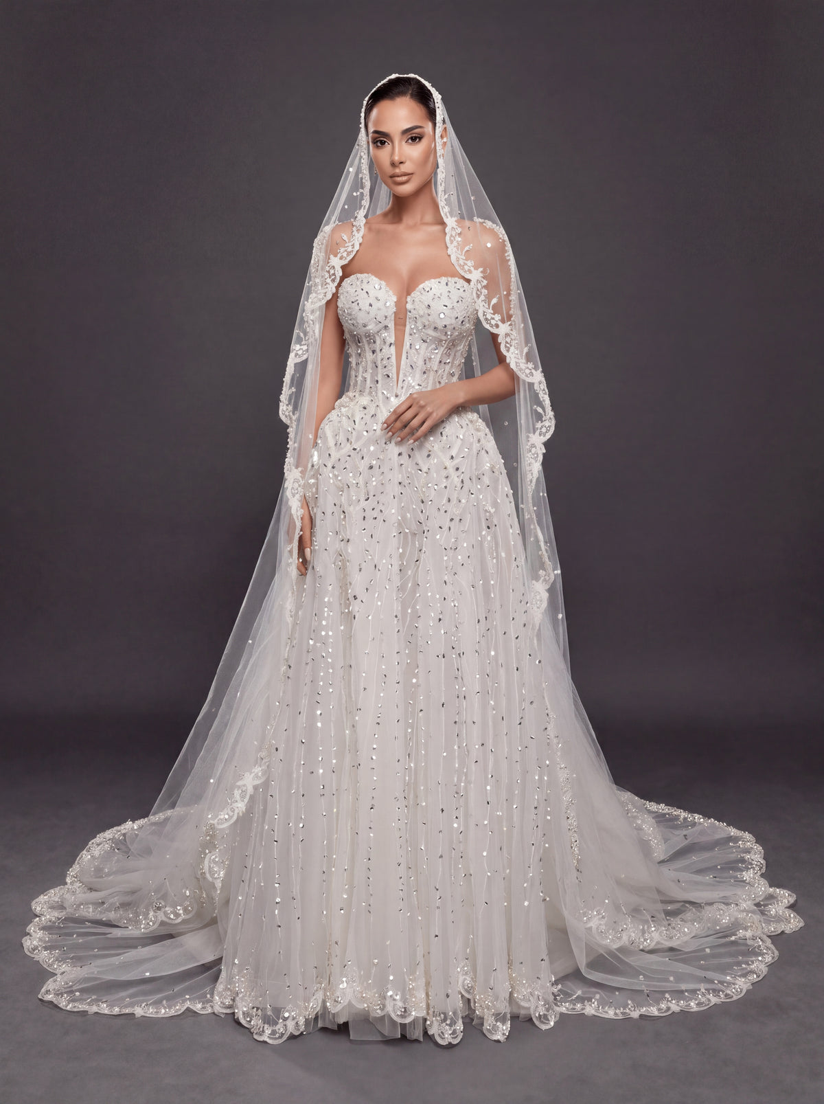 Ivory Crystal Beaded A-Line Wedding Dress & Cathedral Lace Veil – Strapless Corset Bridal Gown with Cathedral Lace Veil