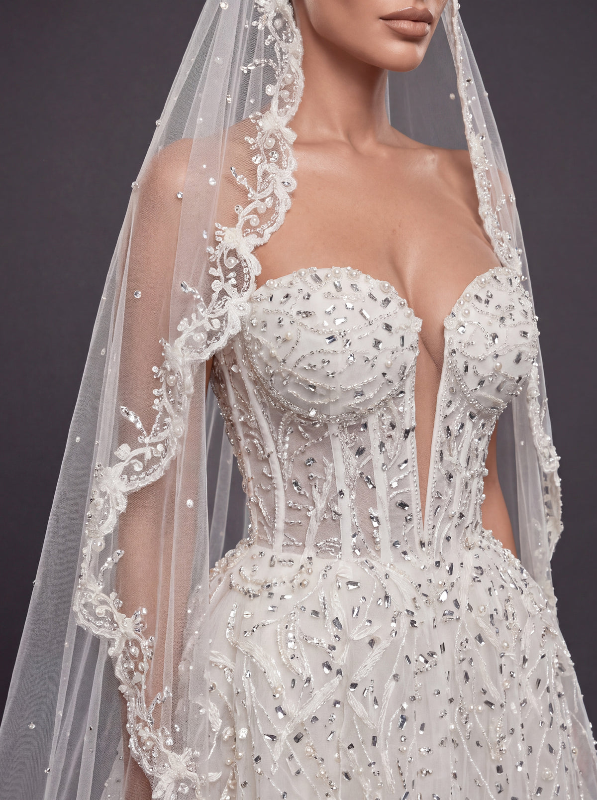 Ivory Crystal Beaded A-Line Wedding Dress & Cathedral Lace Veil – Strapless Corset Bridal Gown with Cathedral Lace Veil