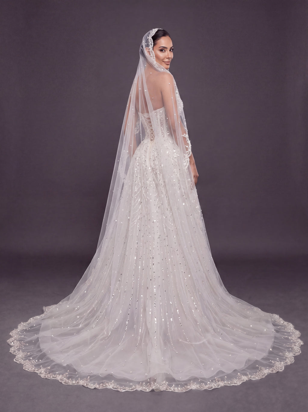 Ivory Crystal Beaded A-Line Wedding Dress & Cathedral Lace Veil – Strapless Corset Bridal Gown with Cathedral Lace Veil